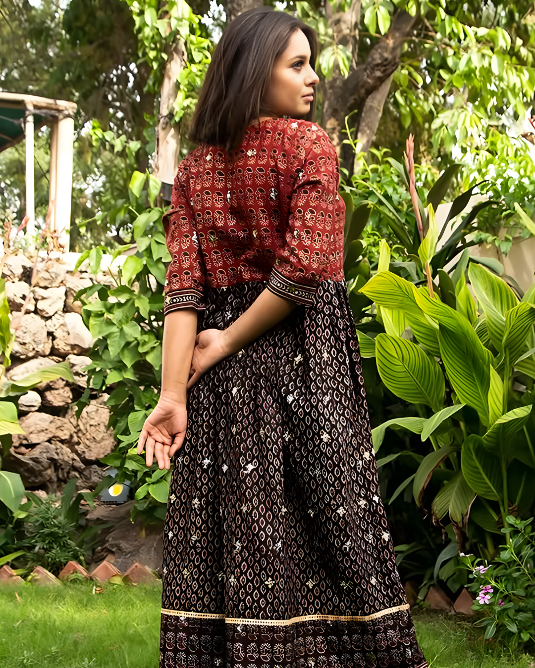 Black & Red Ajrak Block Print Mirror Work Long Shirt