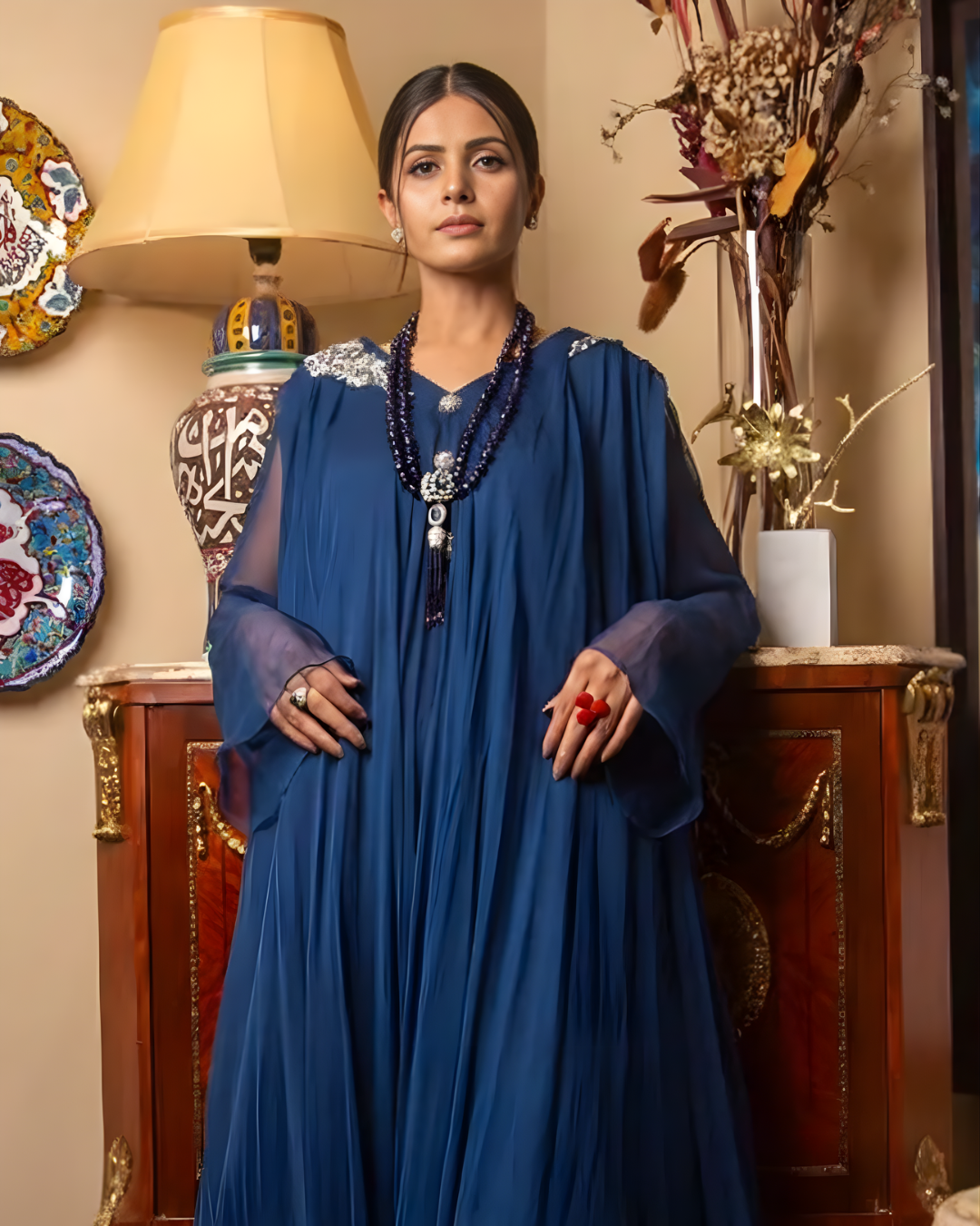 Navy Blue Chiffon Embellished Shoulder Maxi Dress