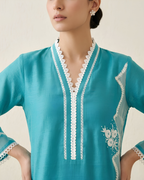 Blue Tussal Silk Embroidered Kurta Set