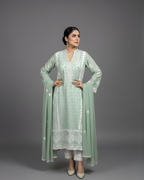 Light Teal Hand Embroidered Geometric Ralli Silk Lawn Kurta Set