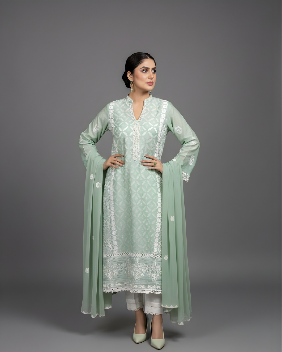 Light Teal Hand Embroidered Geometric Ralli Silk Lawn Kurta Set