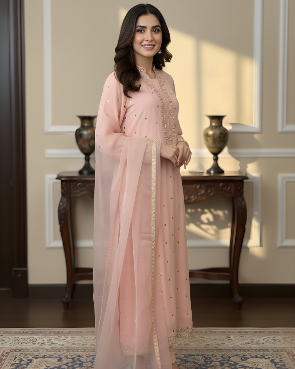 Light Pink Chiffon 3-Piece Set with Pearl & Gold Medallion Embroidery