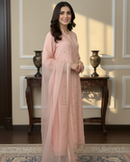 Light Pink Chiffon 3-Piece Set with Pearl & Gold Medallion Embroidery
