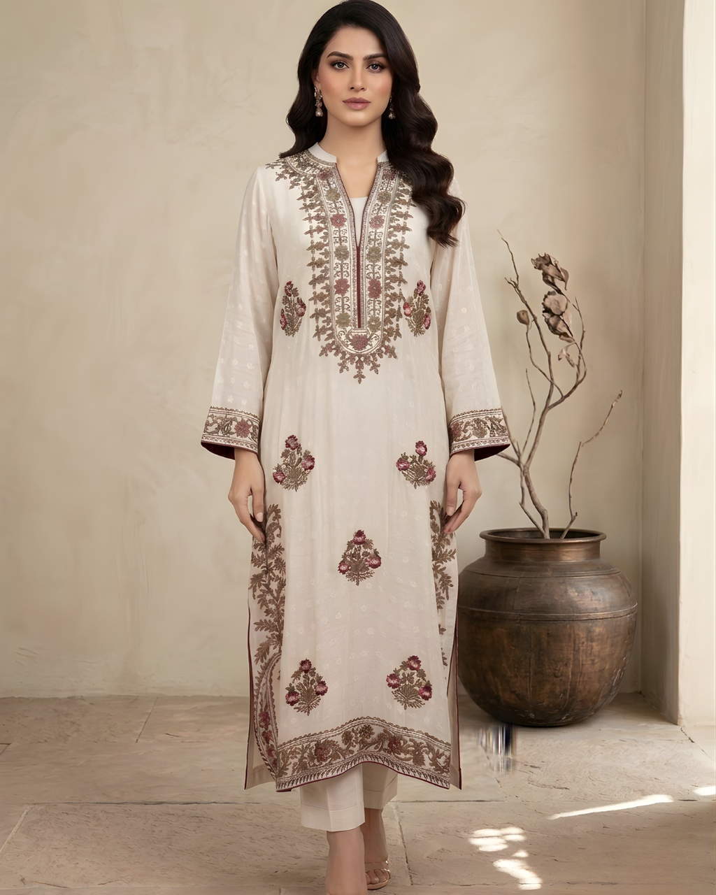 Off White Tilla Resham Floral Jaal Loomnet Kurta Set