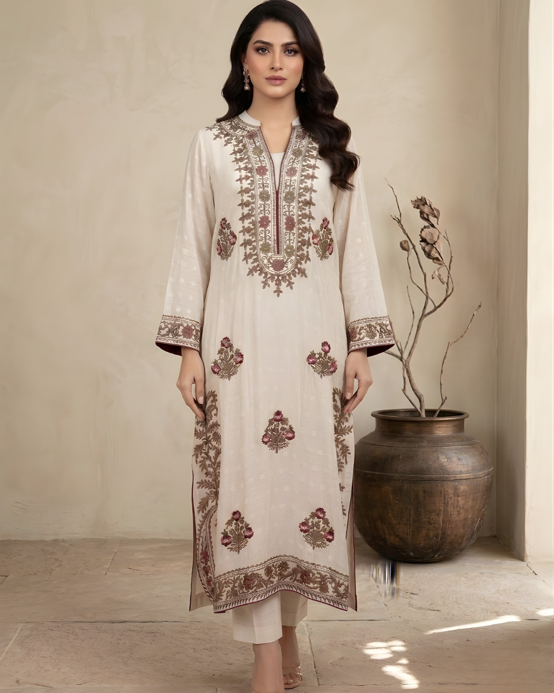 Off White Tilla Resham Floral Jaal Loomnet Kurta Set