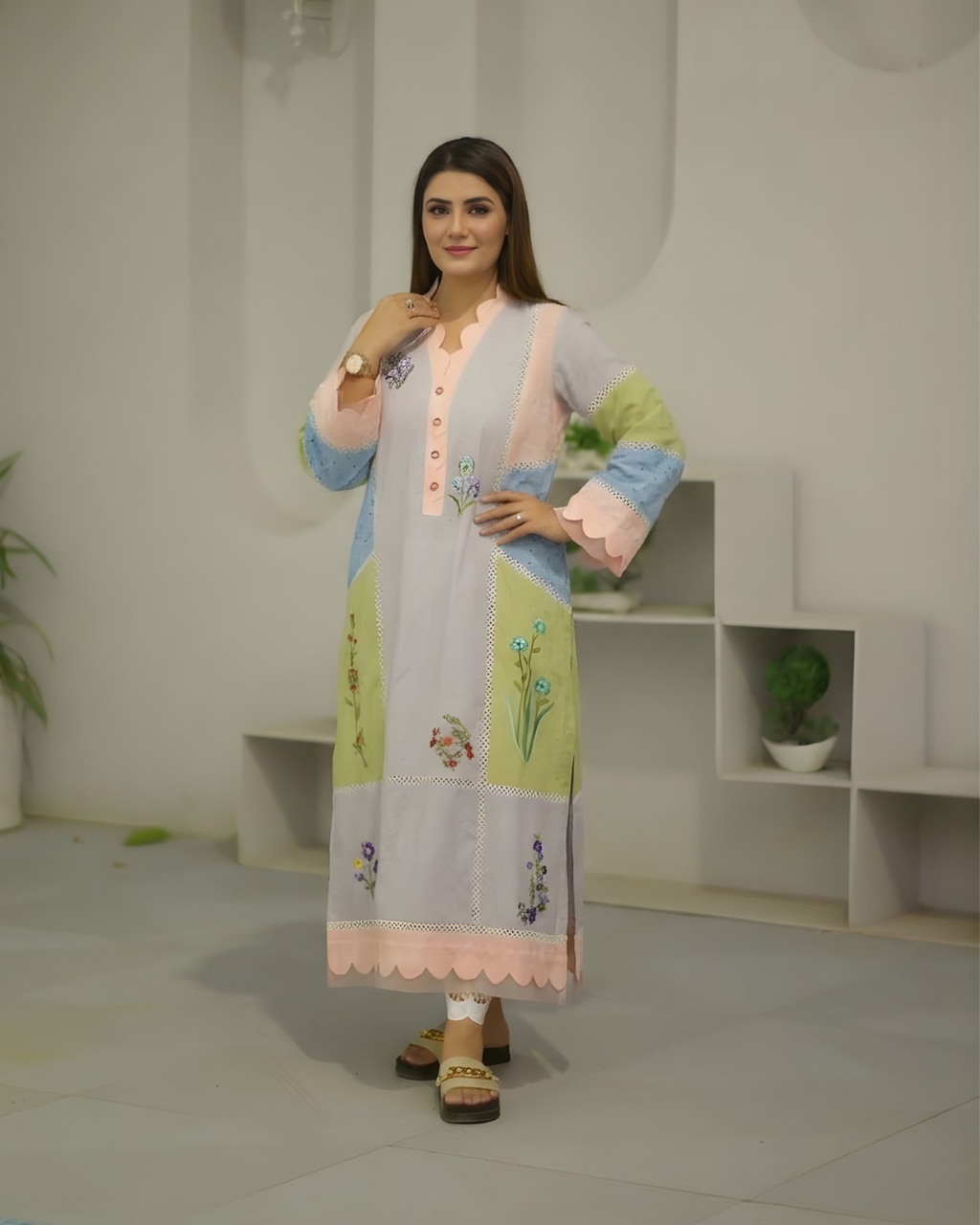Pastel Colour Block Floral Embroidered Scalloped Lawn Dress