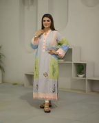 Pastel Colour Block Floral Embroidered Scalloped Lawn Dress