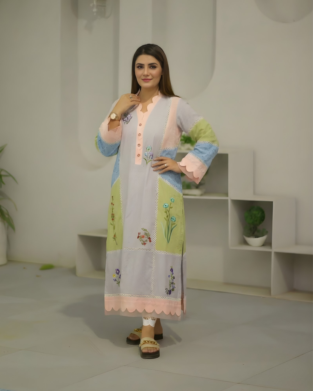 Pastel Colour Block Floral Embroidered Scalloped Lawn Dress