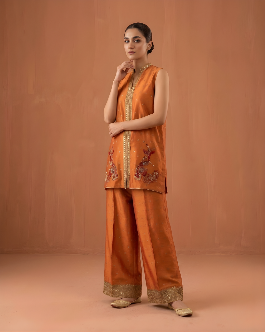 Orange Sleeveless Gold Tilla Embroidered Loomnet Kurta Set