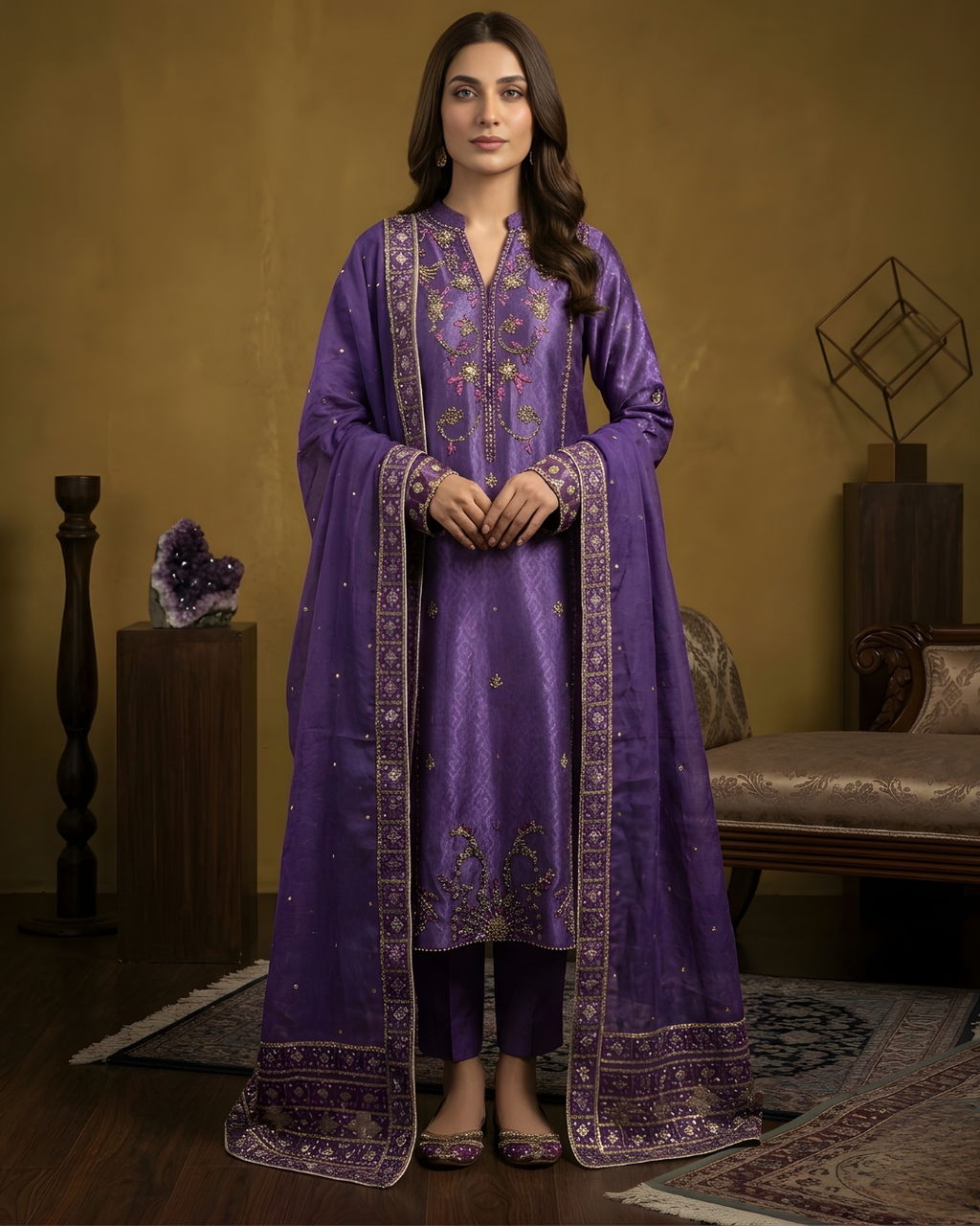 Purple Gold Pink Marori Embroidered Tussel Silk 3-Piece Suit