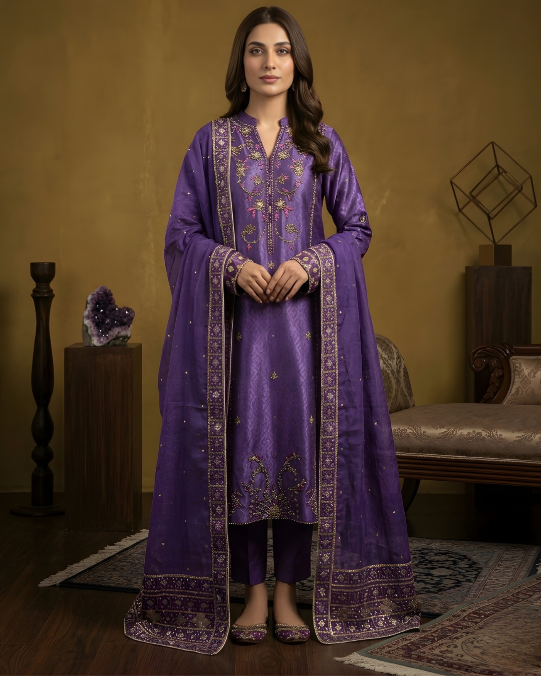 Purple Gold Pink Marori Embroidered Tussel Silk 3-Piece Suit