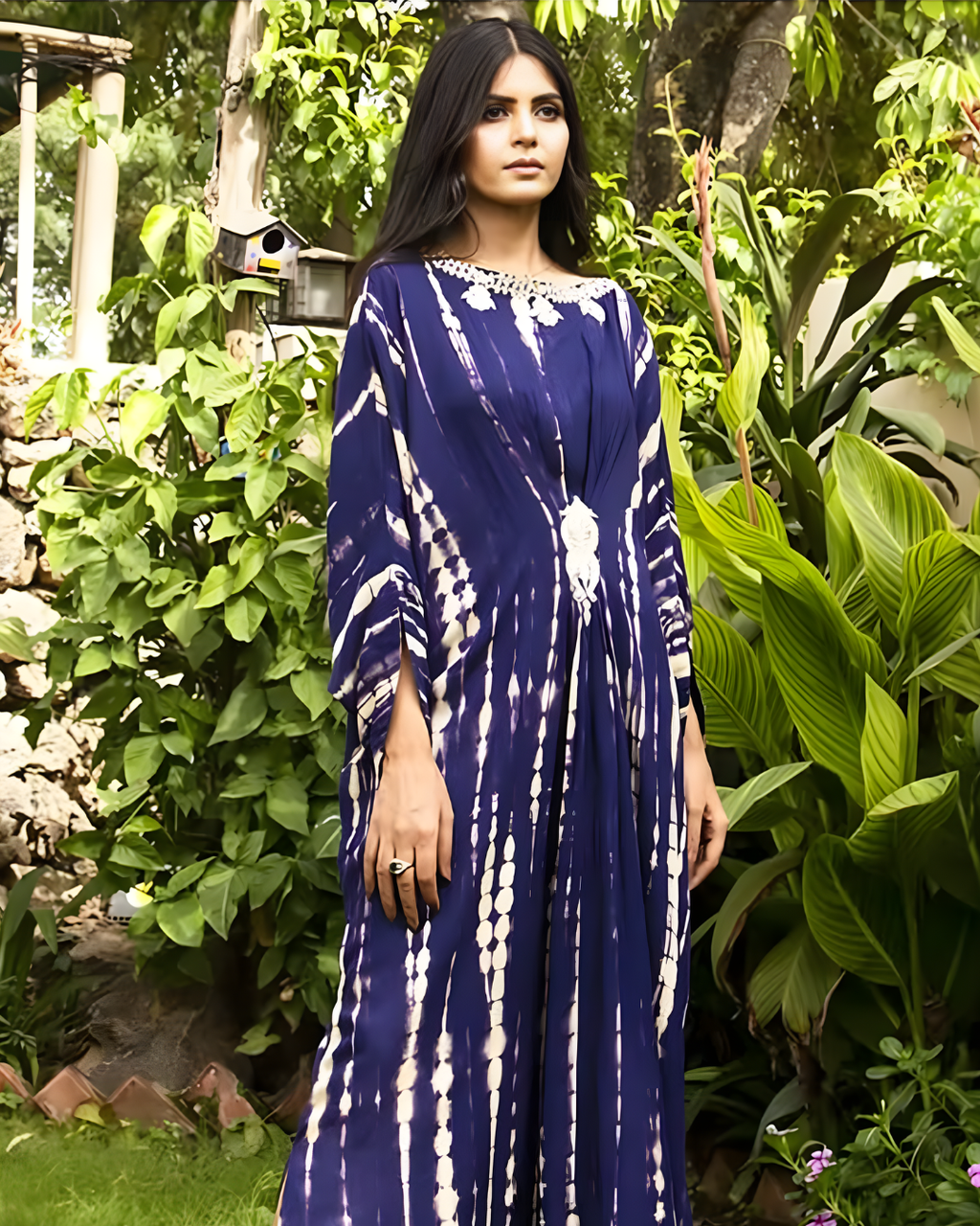 Navy & White Shibori Tie-Dye Silk Kaftan