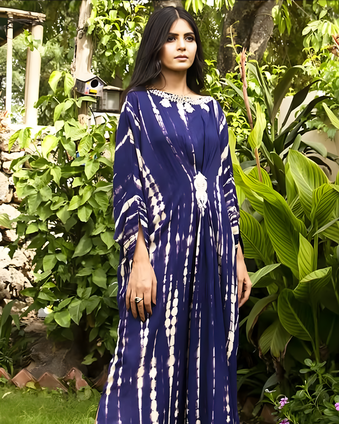 Navy & White Shibori Tie-Dye Silk Kaftan