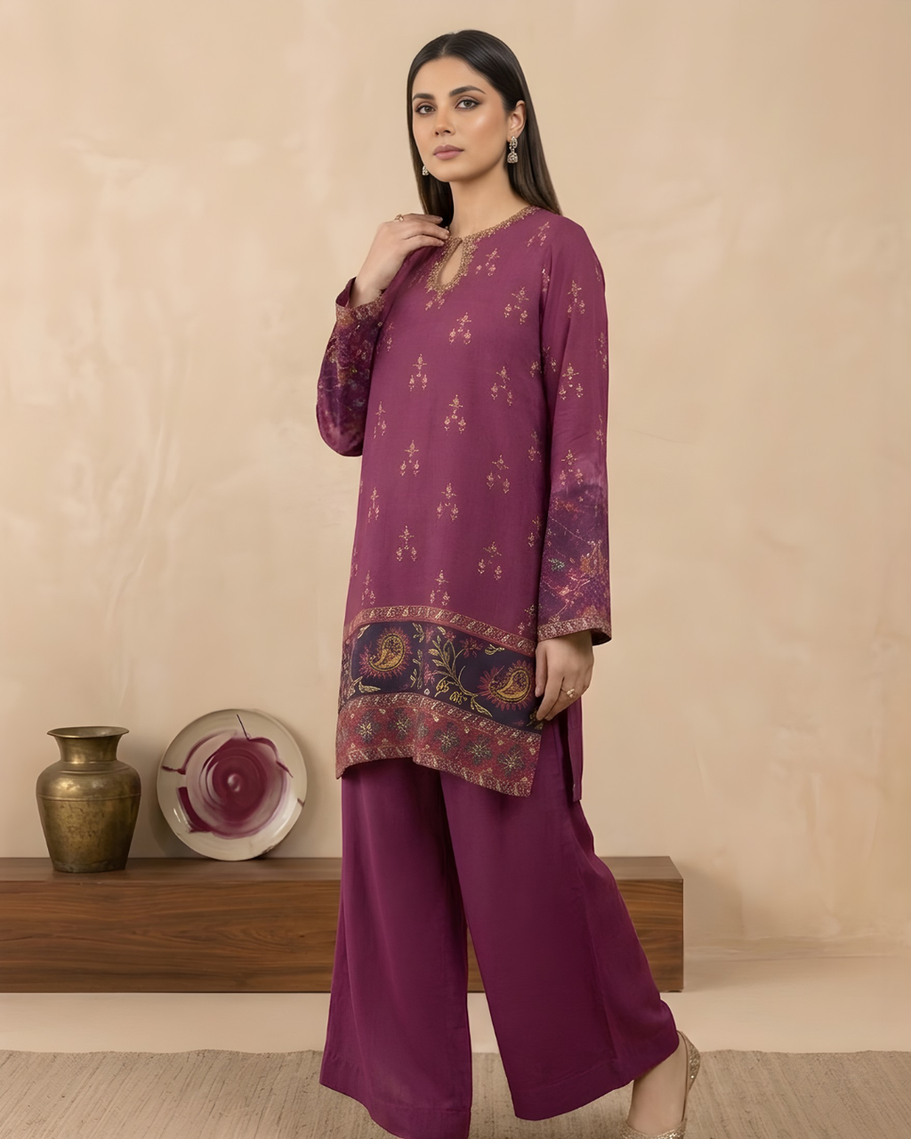 Magenta Silk Short Kurta & Palazzo Set