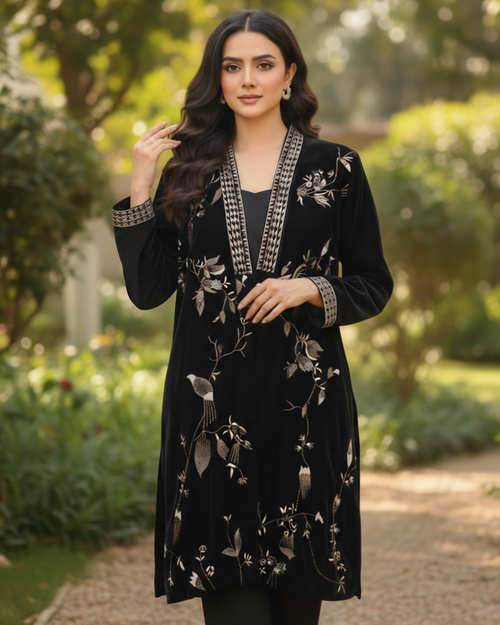 Black Velvet Gold Floral & Bird Embroidered Jacket Kurta Set