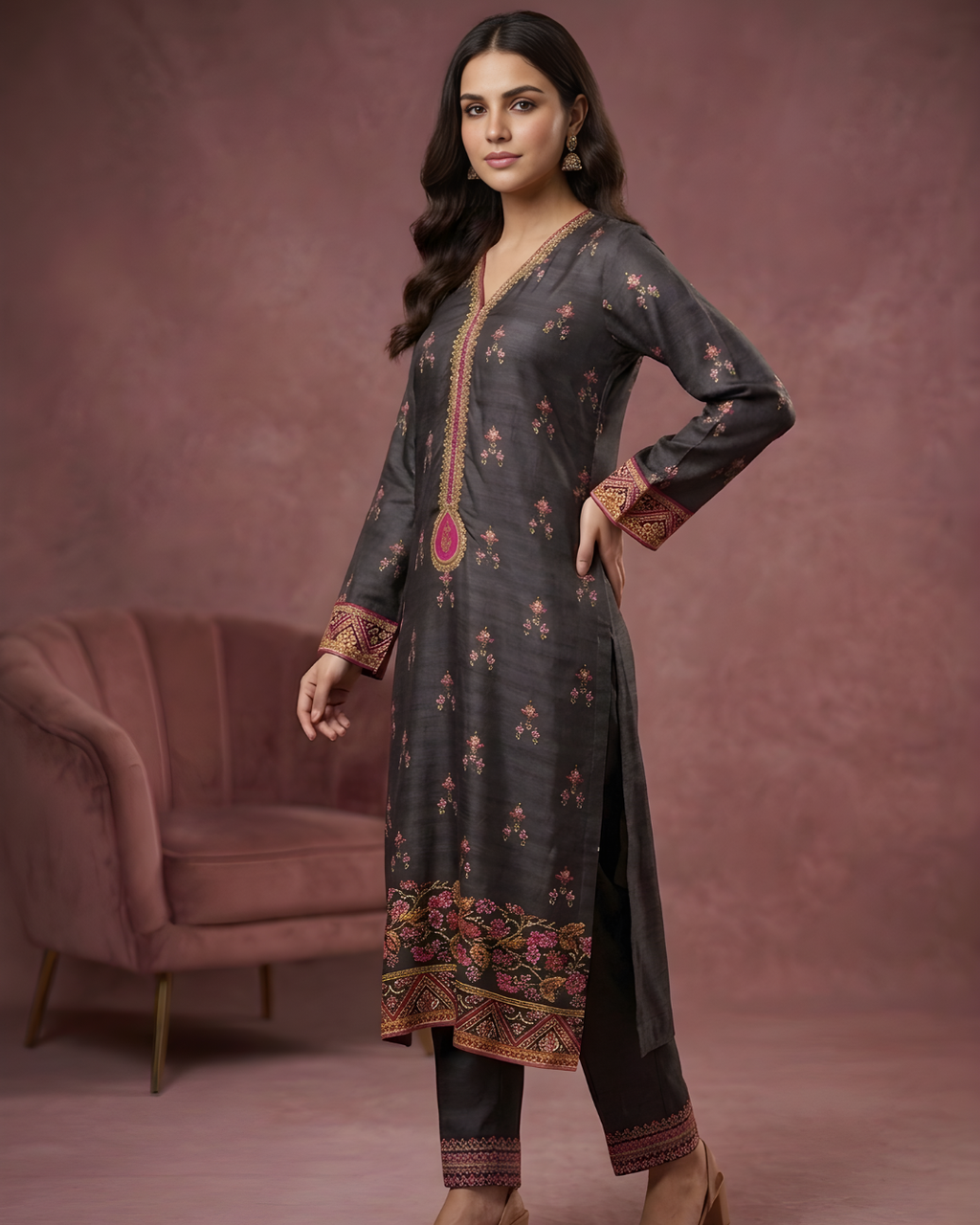 Charcoal Black Silk 3-Piece Suit with Gold Dabka & Digital Border