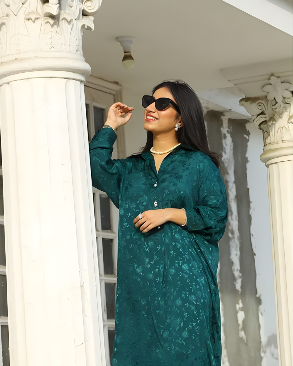 Teal Jacquard Floral Silk Kurta
