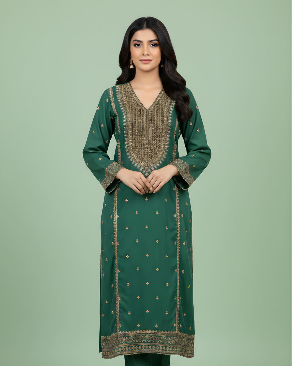 Emerald Green Gold Marori Embroidered Korean Silk Kurta