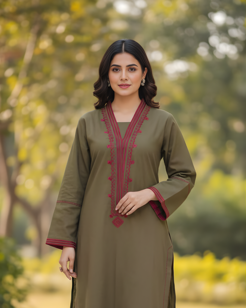 Army Green Red Geometric Embroidered Cambric Kurta Set