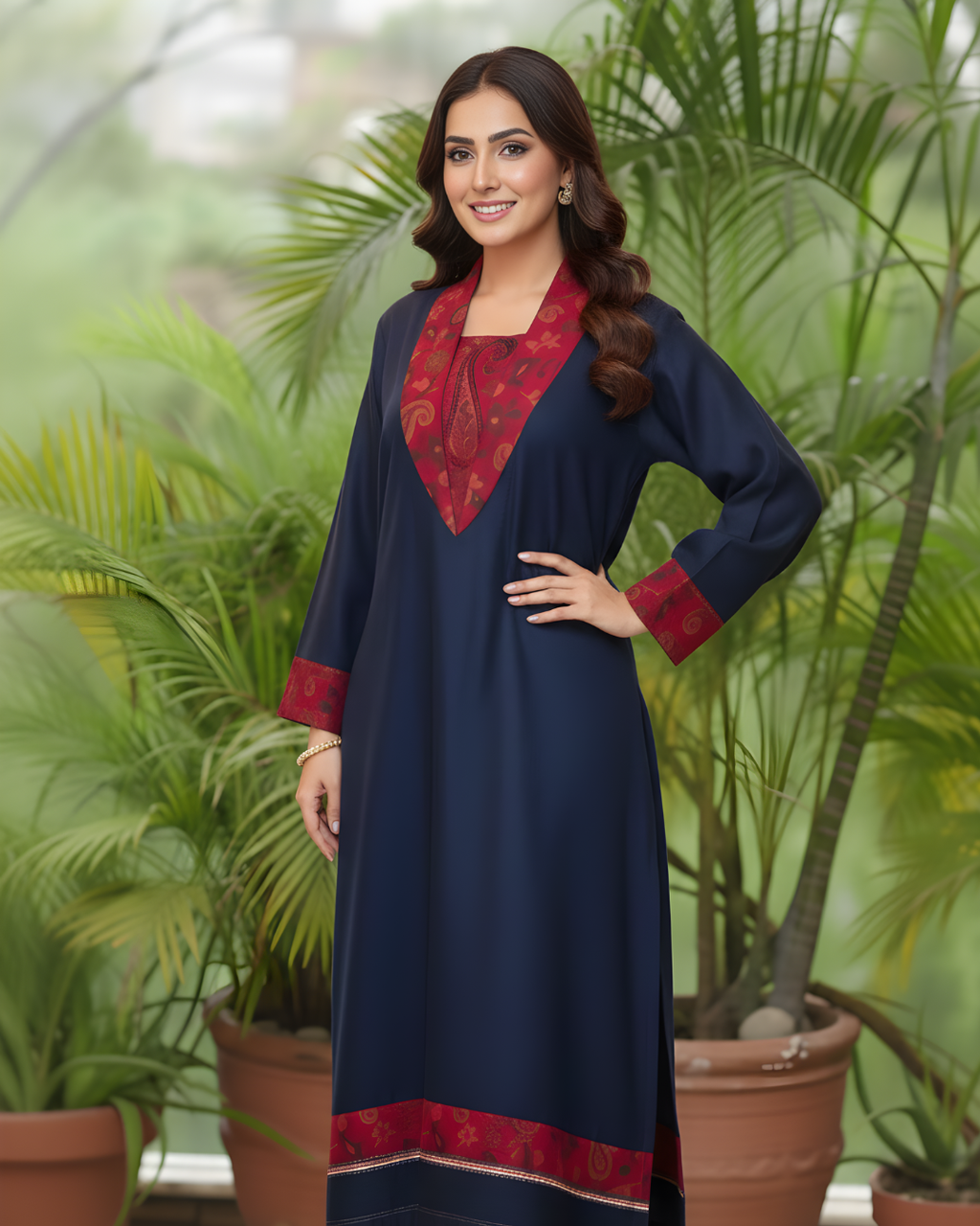 Navy Blue Paisley Print Pashmina Shawl Collar Kurta