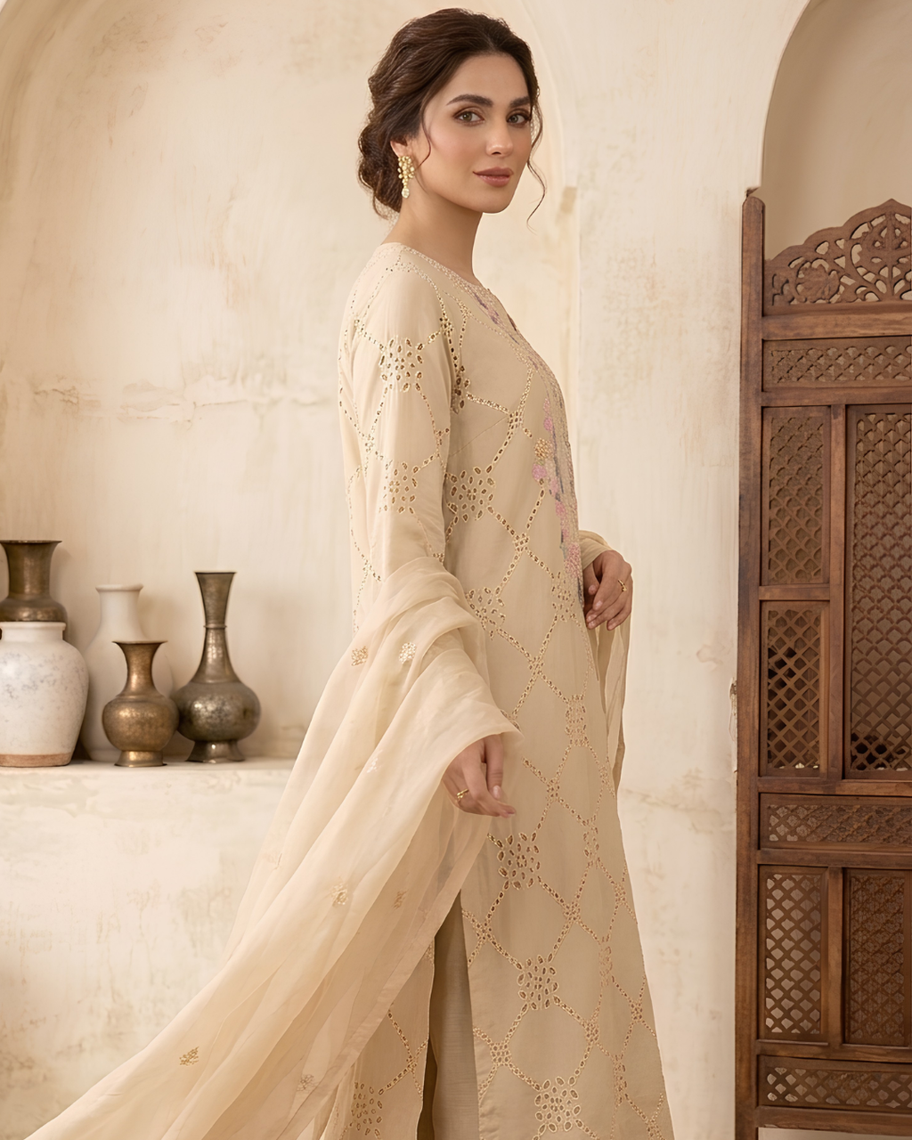 Yellow Silk Hand Embroidered Long Shirt Set