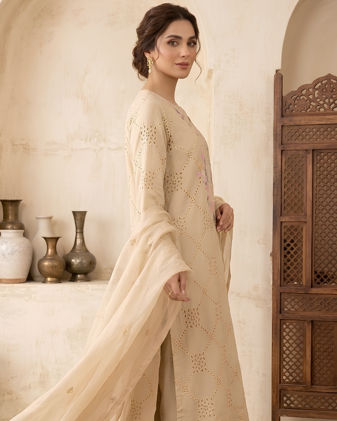 Yellow Silk Hand Embroidered Long Shirt Set