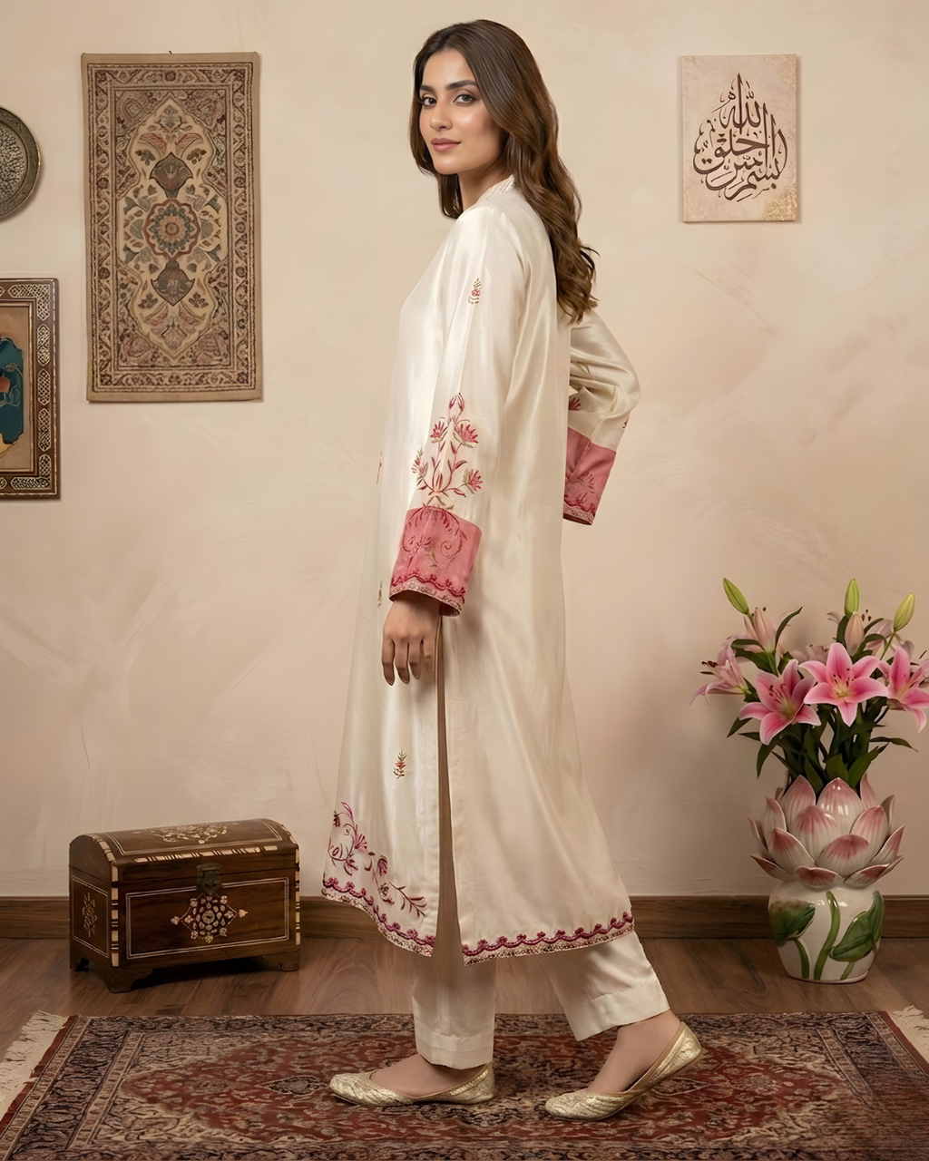 Cream Floral Embroidered Tussel Silk Kurta Set