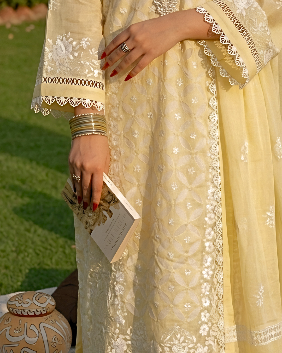 Yellow Hand Embroidered Geometric Ralli Silk Lawn Kurta Set