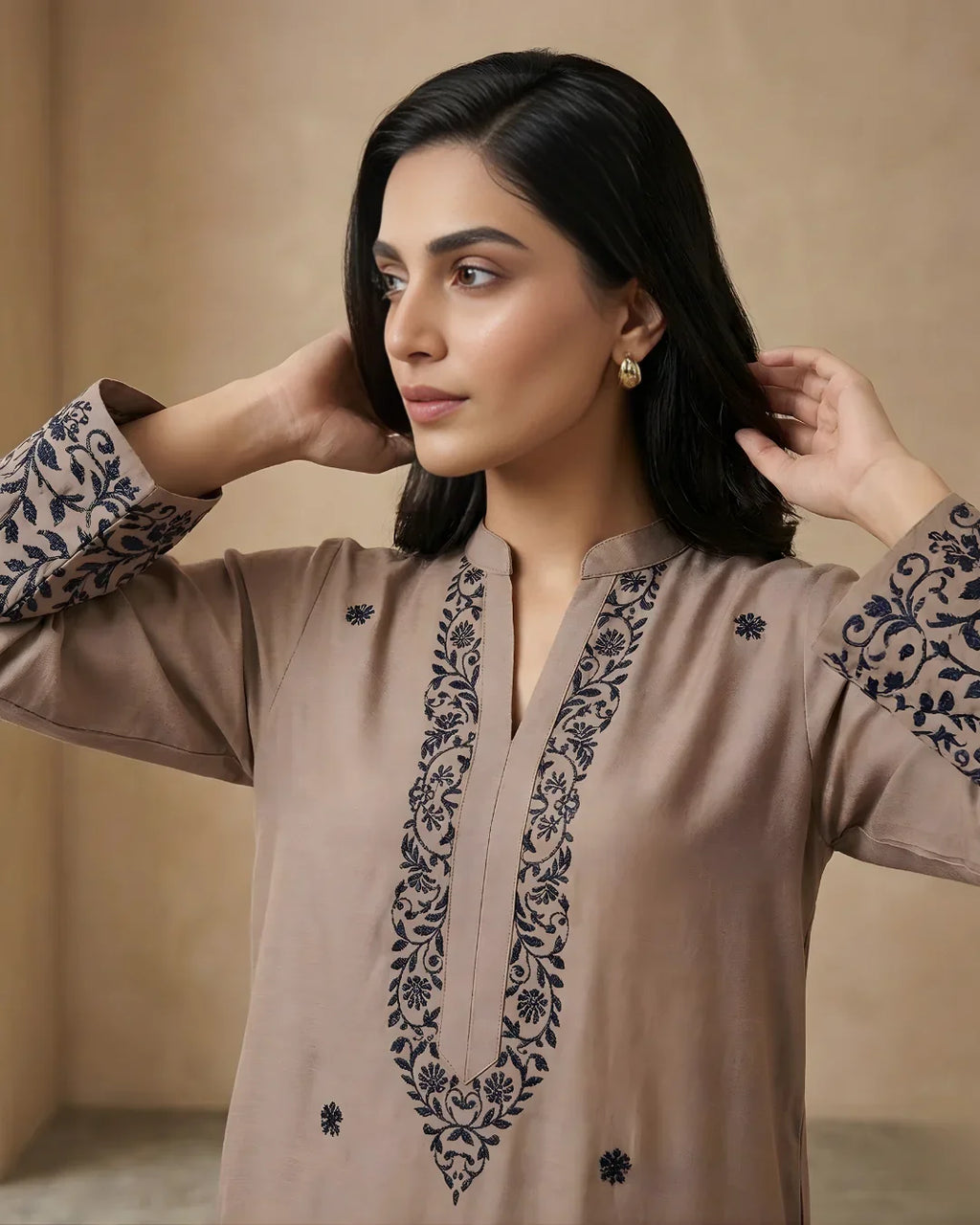 Coffee Brown Block Print Floral Jaal Loomnet Kurta