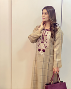 Beige Check Pashmina Kurta with Adda Embroidery & Fringed Cuffs
