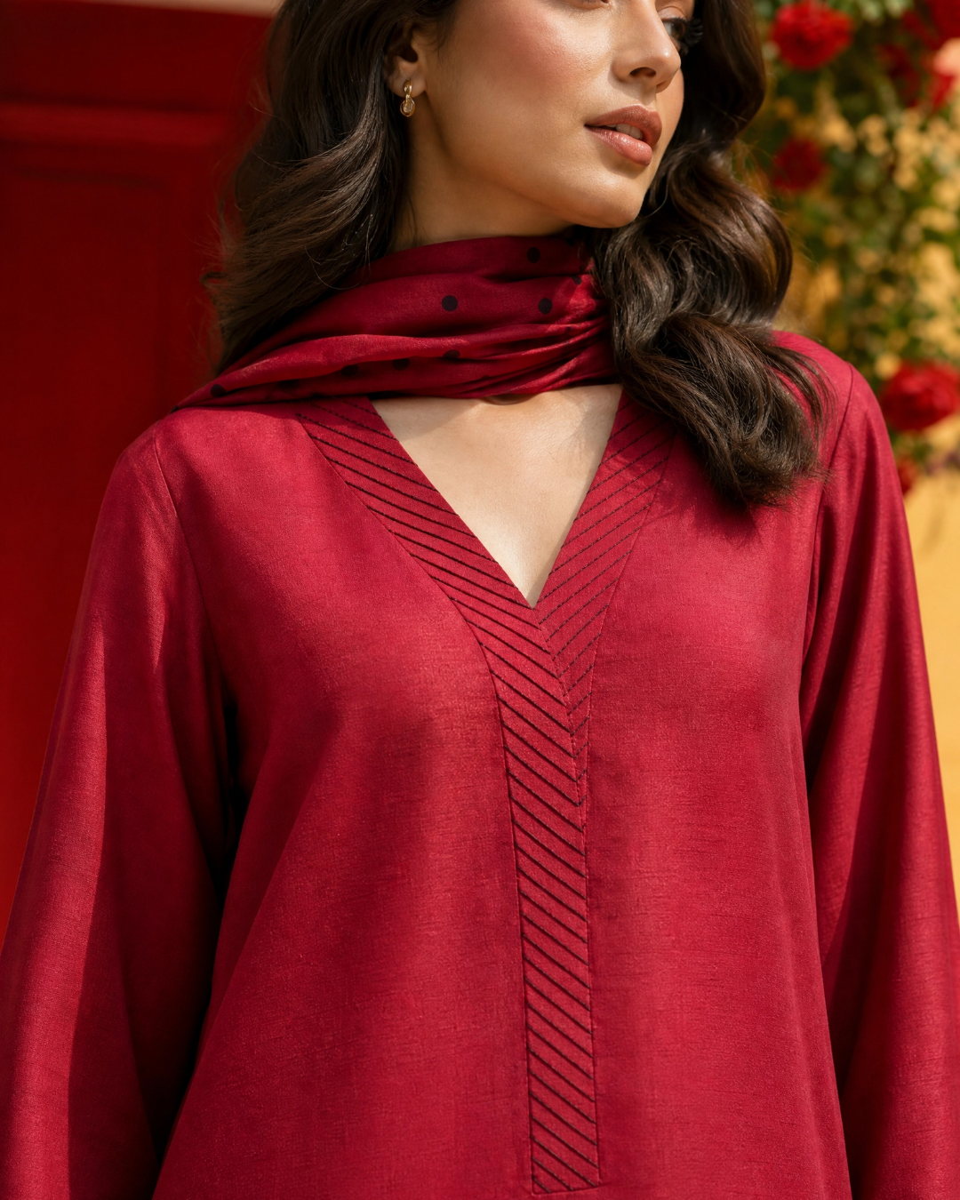 Red Tussel Silk Ankar Tanka Embroidered Kurta Set