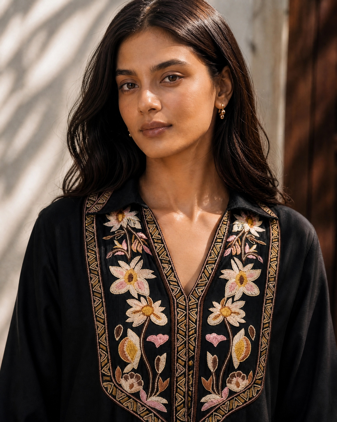 Black Floral Yoke Hand Embroidered Loomnet Kurta Set