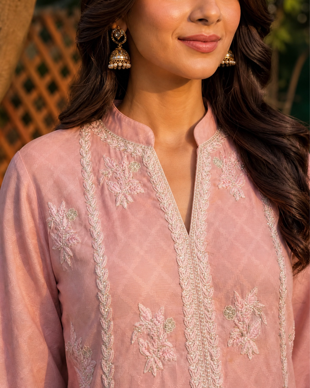 Pink Cotton Net Hand Embroidered Long Shirt Set
