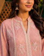 Pink Cotton Net Hand Embroidered Long Shirt Set