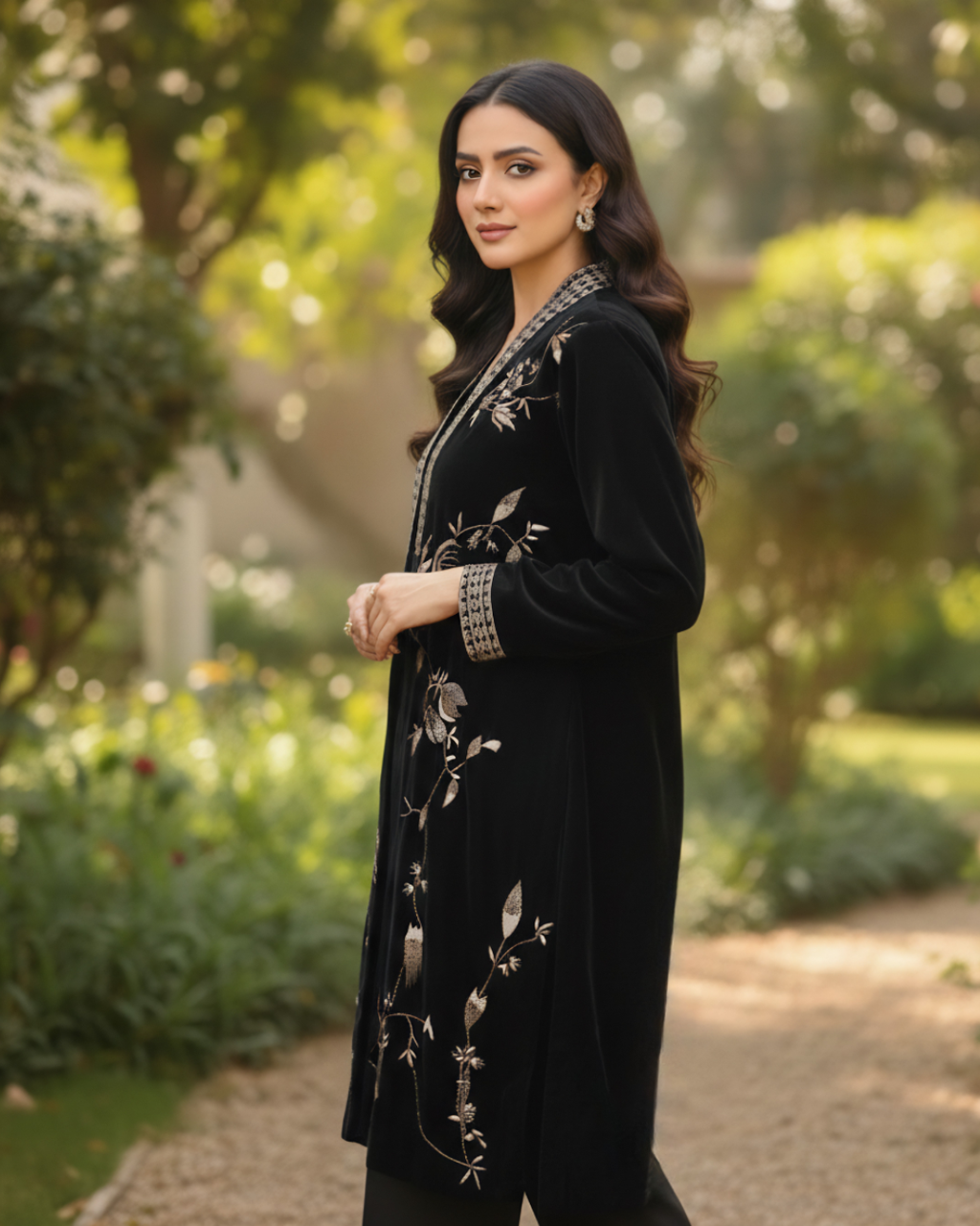 Black Velvet Gold Floral & Bird Embroidered Jacket Kurta Set