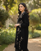 Black Velvet Gold Floral & Bird Embroidered Jacket Kurta Set