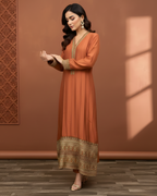 Coral Rust Gold Marori Embroidered Loomnet Kurta Set