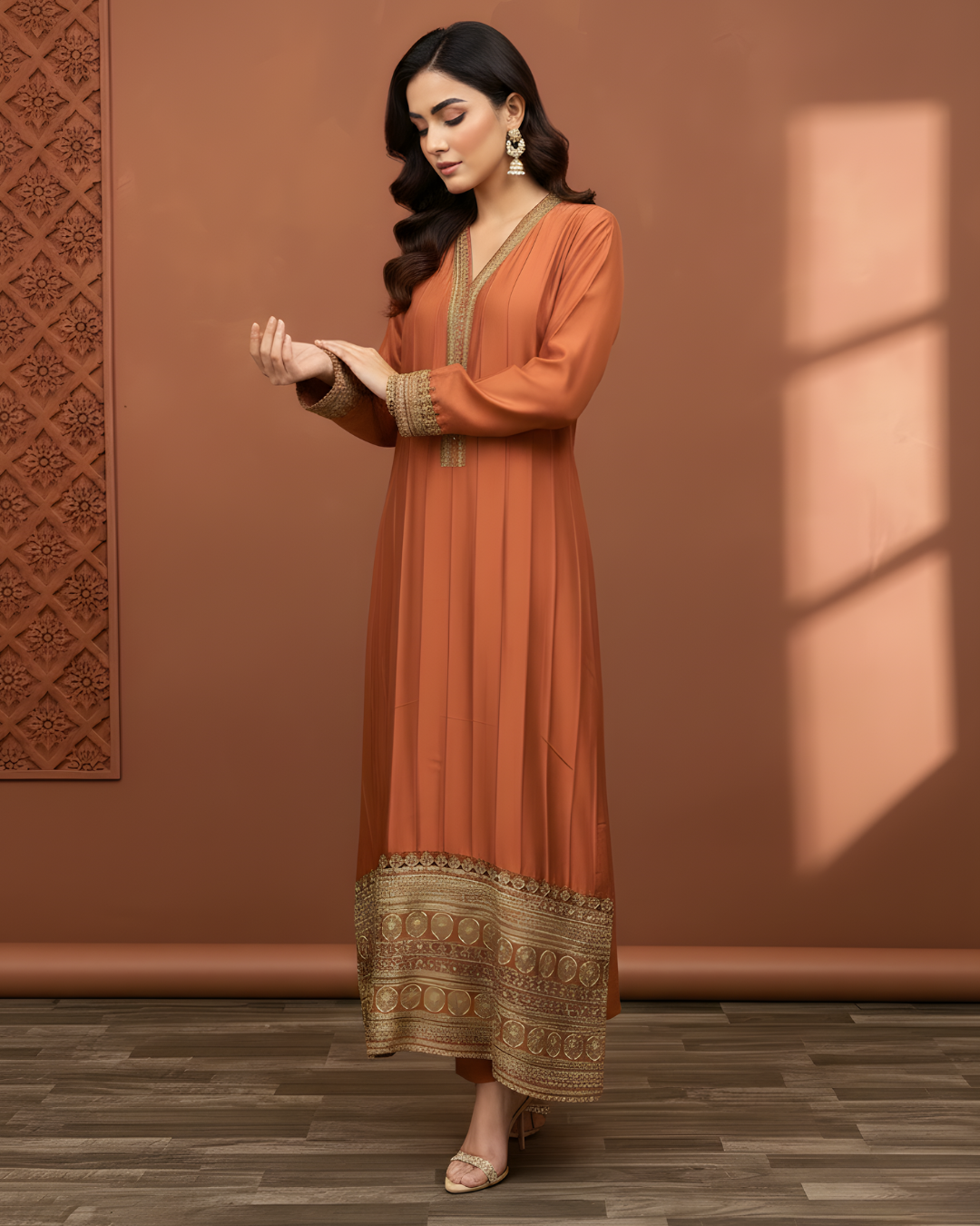 Coral Rust Gold Marori Embroidered Loomnet Kurta Set