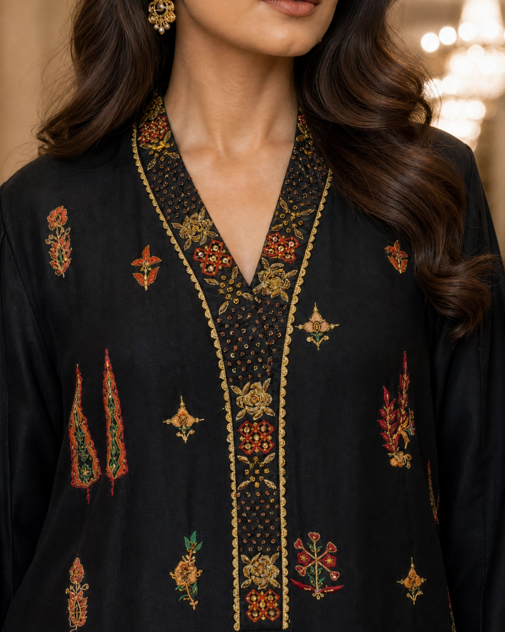 Black 2-Piece Loomnet Kurta Set with Digital Print Border