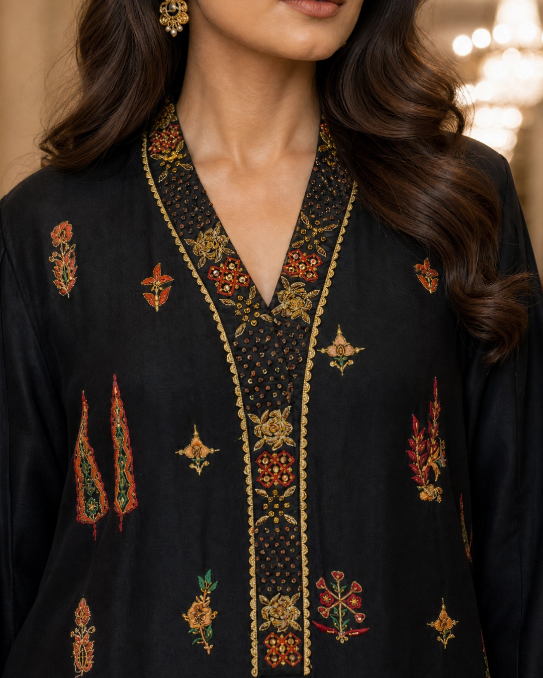 Black 2-Piece Loomnet Kurta Set with Digital Print Border