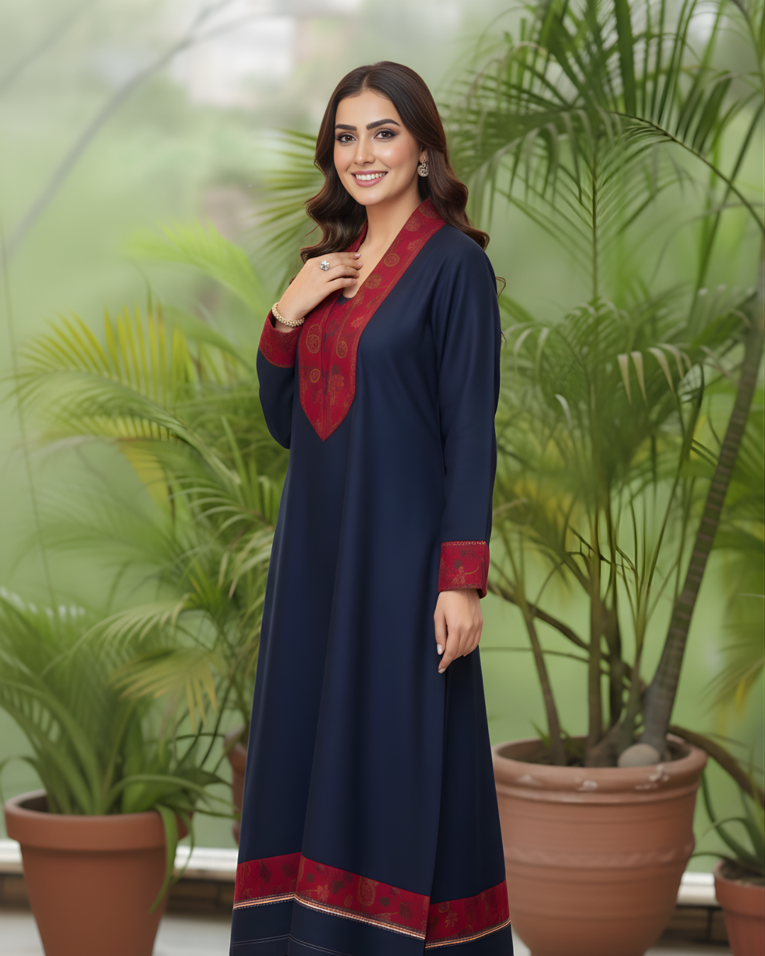 Navy Blue Paisley Print Pashmina Shawl Collar Kurta