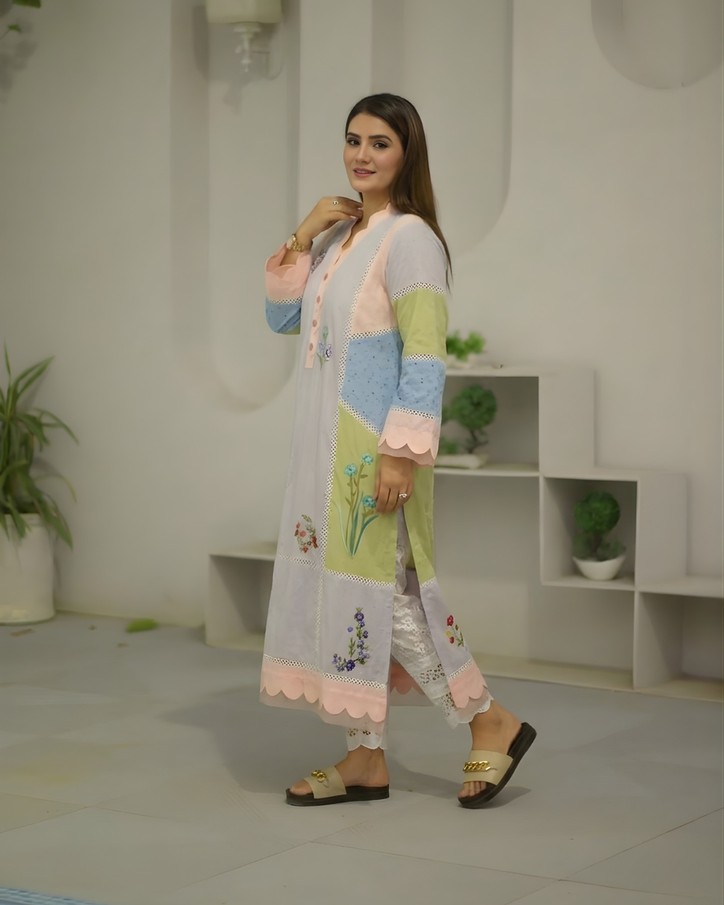 Pastel Colour Block Floral Embroidered Scalloped Lawn Dress
