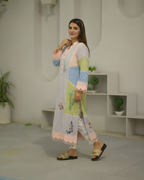 Pastel Colour Block Floral Embroidered Scalloped Lawn Dress