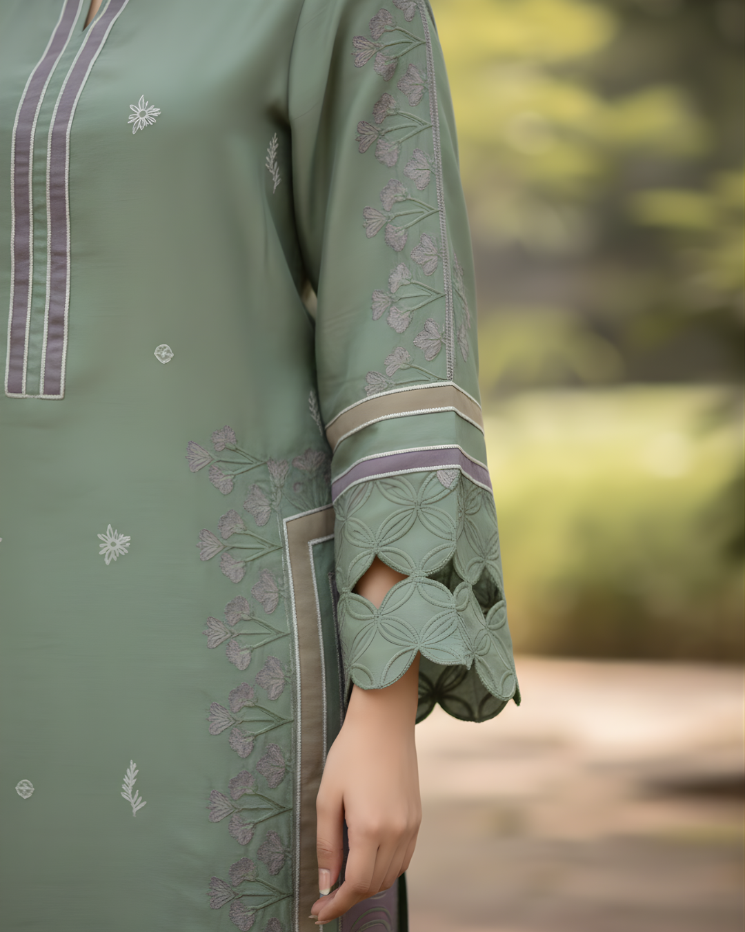 Sea Green Ruffle Cutwork Silk Kurta Set – Purple Embroidered Panels