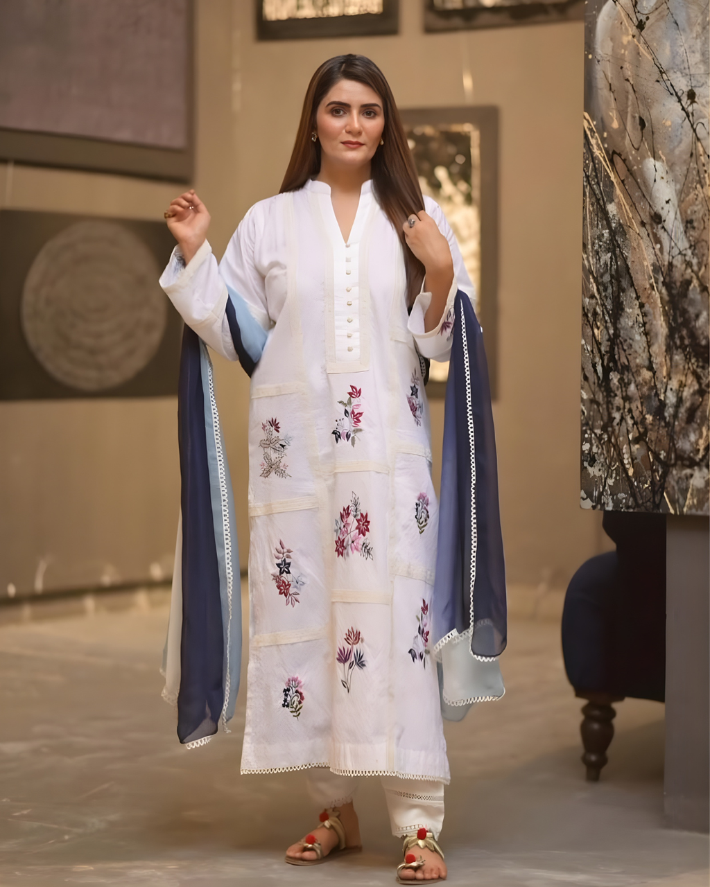 White Chikankari Multicolour Floral Embroidered Kurta