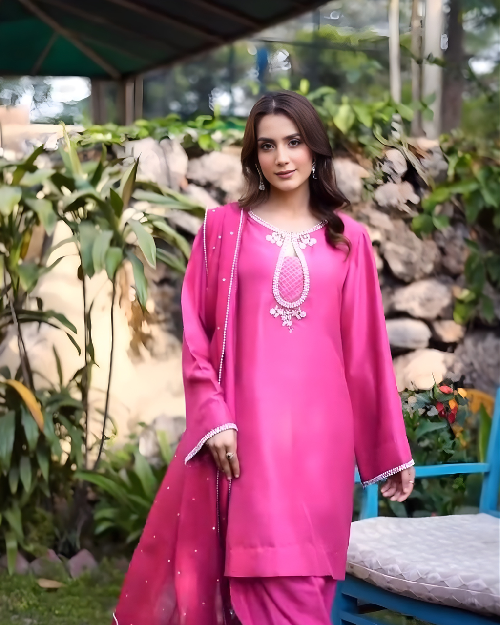 Fuchsia Sequin Embellished Tussel Silk 3-Piece Set