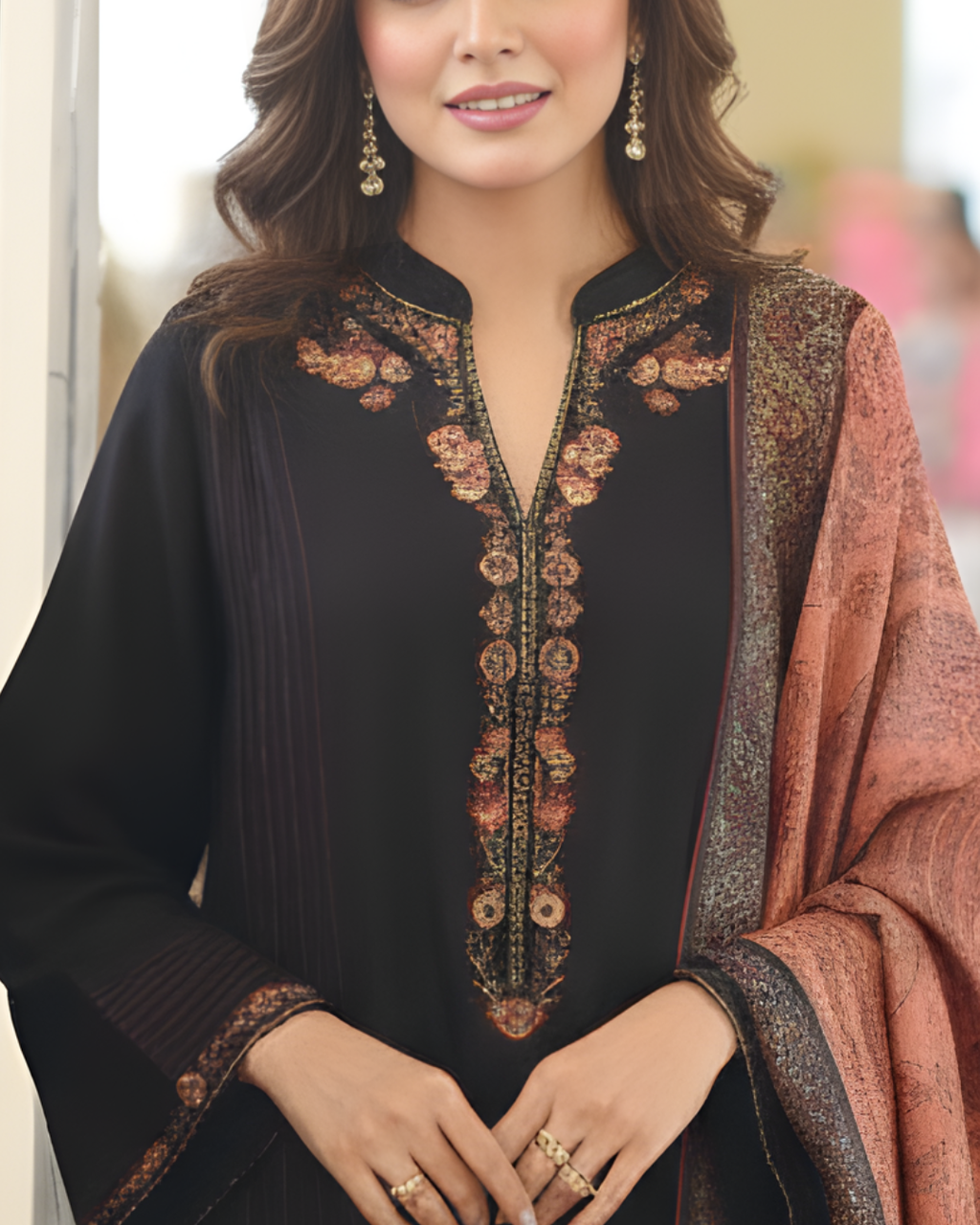 Black Silk Kurta Set with Floral Yoke & Paisley Shawl
