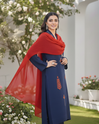 Navy Blue Rust Patchwork Geometric Silk Lawn Kurta