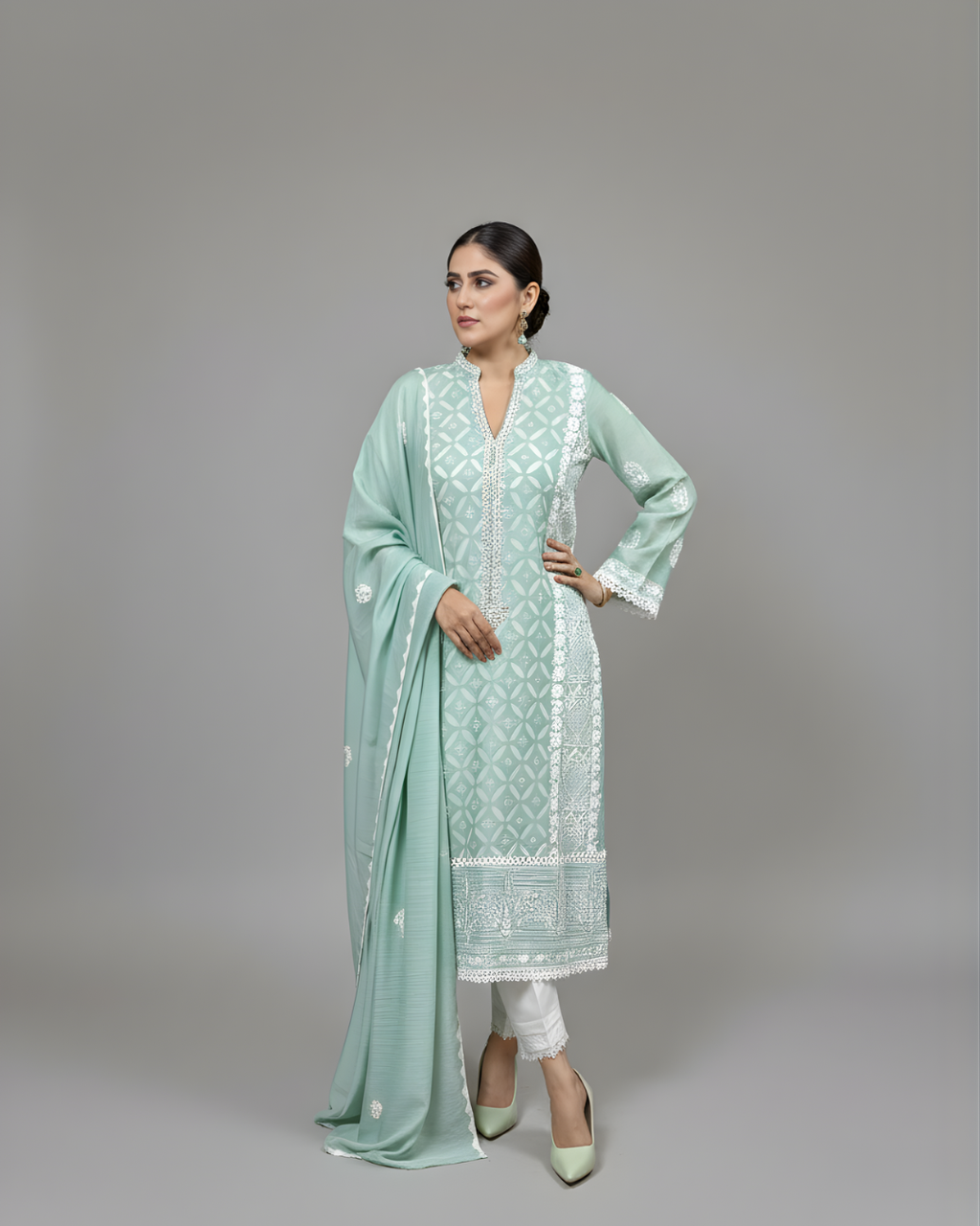 Light Teal Hand Embroidered Geometric Ralli Silk Lawn Kurta Set