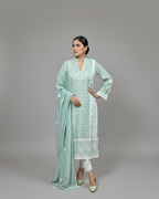 Light Teal Hand Embroidered Geometric Ralli Silk Lawn Kurta Set